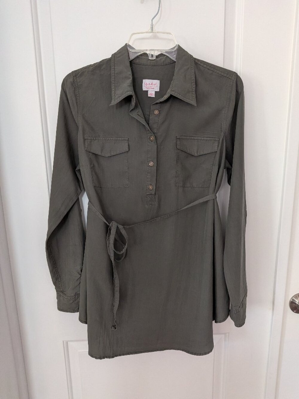 Isabel Maternity Belted Tunic Blouse Top Size L Olive Green